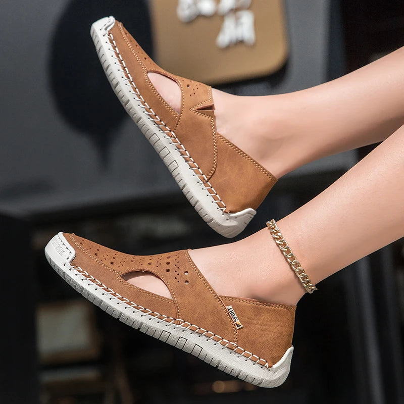 Unisex Sandals Hand Sewn Leather Hollow Out Outdoor Casual Shoes Comfortable Soft Summer Fashion Street Walking Shoes Women