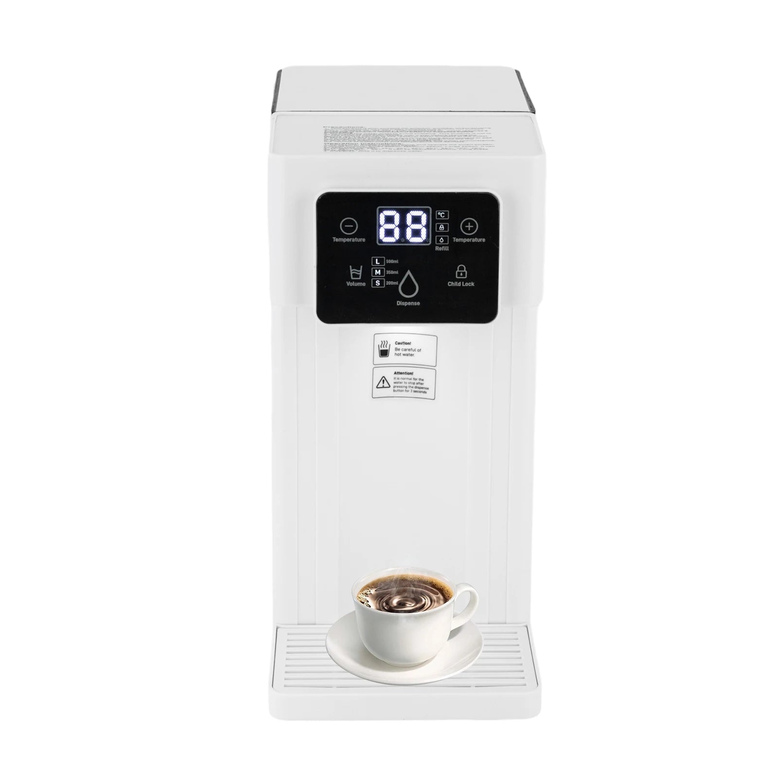 Distributeur d'eau chaude instantanée de bureau rectangulaire ABS PS 444 Acier inoxydable Silicone 110V Prise US 1500W Capacité 3L Sortie d'eau quantitative 200ml 350ml 500ml Faible bruit Cordon d'alimentation 1m Distributeur d'eau électrique de comptoir