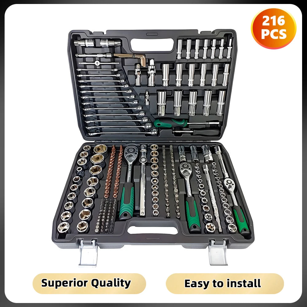 Podofo Socket Wrench Sets 214pcs 1/4inch 3/8inch 1/2inch 24-tooth Ergonomic Ratchet Wrench Mechanic Tool Set for Auto Repairing