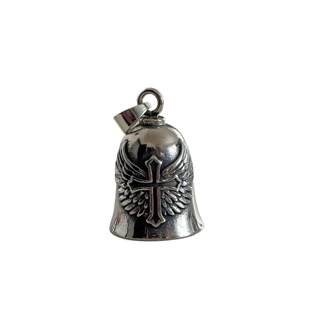Vintage 3D Design Motorcycle Guardian Bell Retro Punk Style Angel Pendant Bell Alloy Wing Design Evil Spirit Trap Bell Men