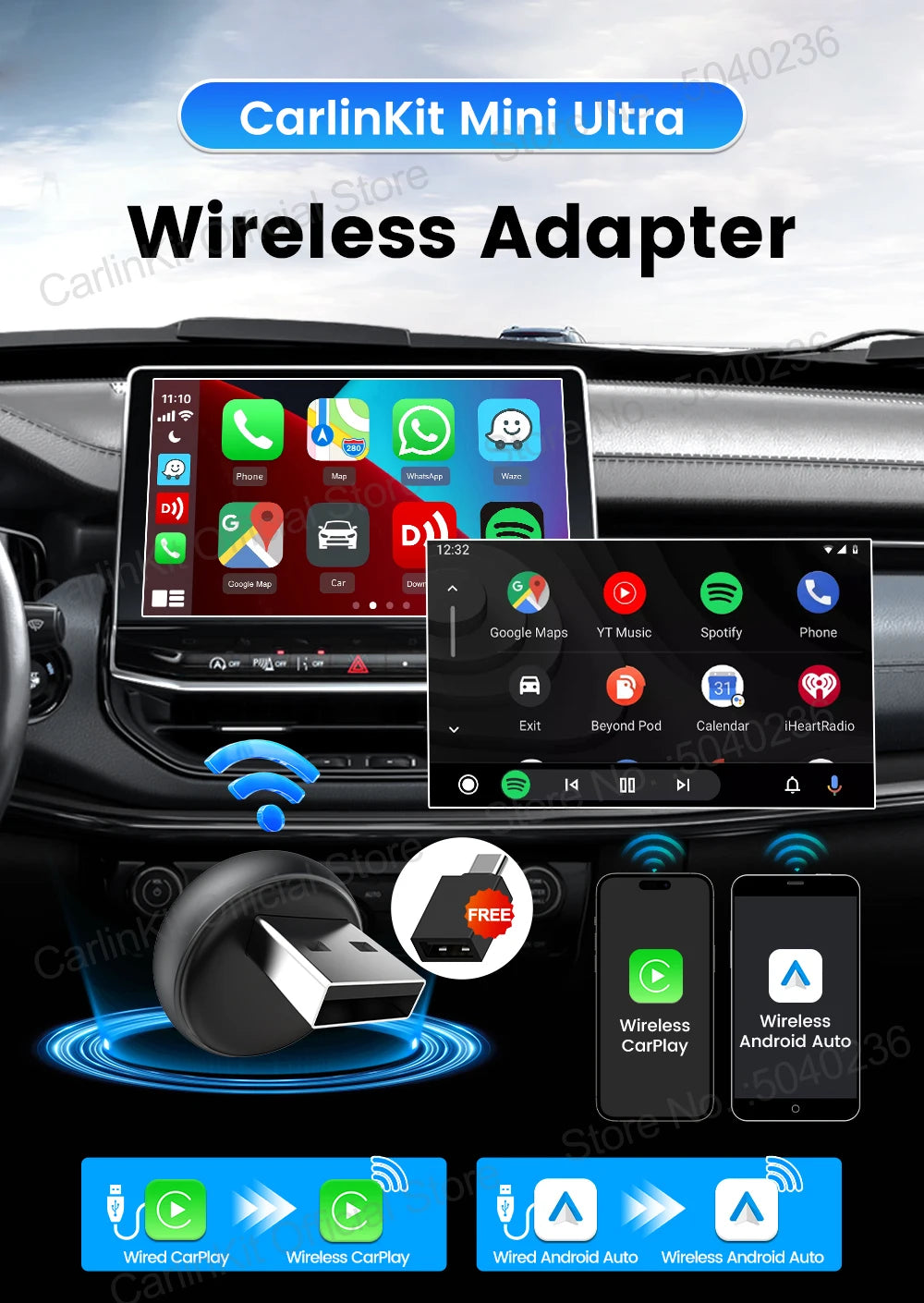 Mini Ultra 3 CarlinKit Wireless Android Auto & CarPlay Adapter 2.4Ghz&5Ghz WiFi BLE Auto Connect OTA Upgrade Mini Smart Car Box