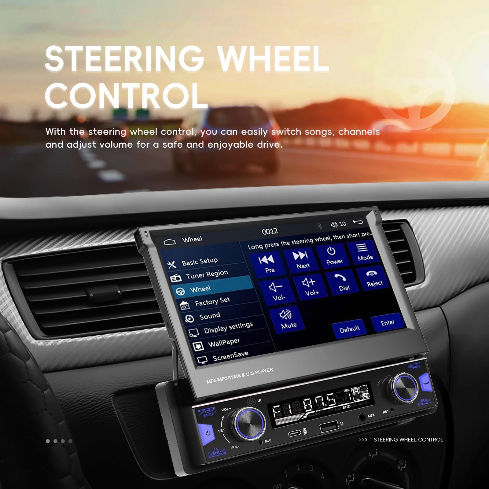 Podofo 7'' 1Din Retractable Screen EQ Sound FM/AM/RDS Multimedia Player Carplay Android Auto Bluetooth Type-C USB SWC Car Audio