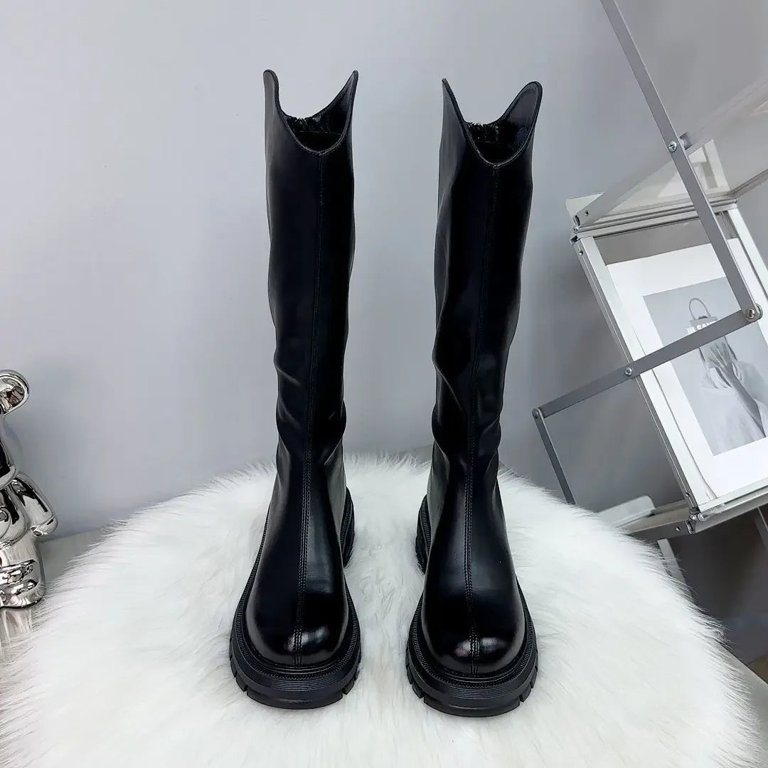2025 Woman's Boots Autumn New Fashion Platform Long Pipe Knight Boots Casual Women's Medium Heel Knee High Boots Botas Mujer