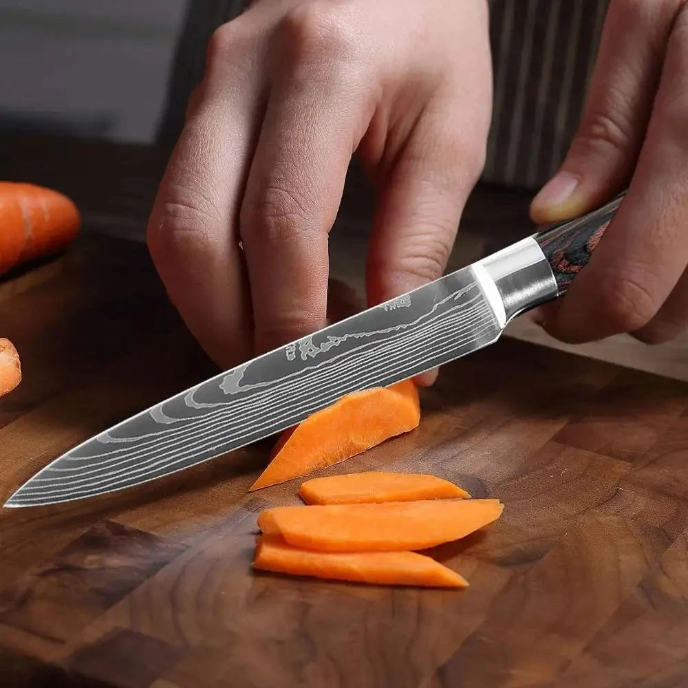 Ensemble de 4 Couteaux de Cuisine Motif Damas Acier Inoxydable 4Cr13 Manche en Pakkawood Couteaux d'Office, Universel, Santoku