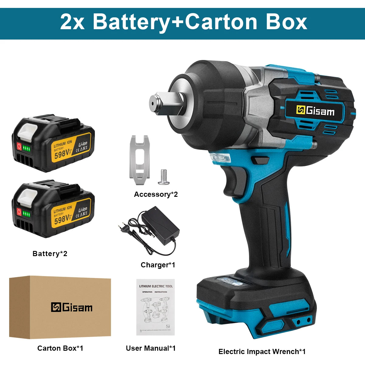 Clé à chocs électrique sans balais Gisam 2800 N.M 1/2 pouce, tournevis électrique, perceuse compatible avec la batterie Makita 18V Pin