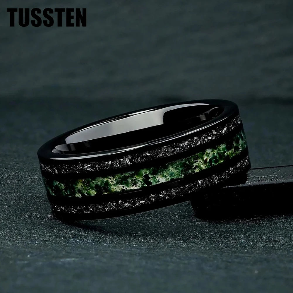 TUSSTEN 8MM Men's and Women's Wedding Tungsten Ring Inlaid Moss Agate And Meteorolite Inlay Comfortable Fit