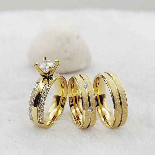 3pcs Matte Titanium Jewelry Italian Women 24k Gold Plated Ring Cz Diamond Ring Marriage Wedding Proposals Bridal Sets Couples
