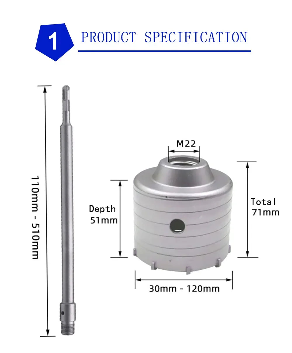 SDS Concrete Hole Saw 30-160mm Electric Hollow Core Drill Bit Shank 110-530mm Core Drill Bit Cement Stone Wall Drilling Tool