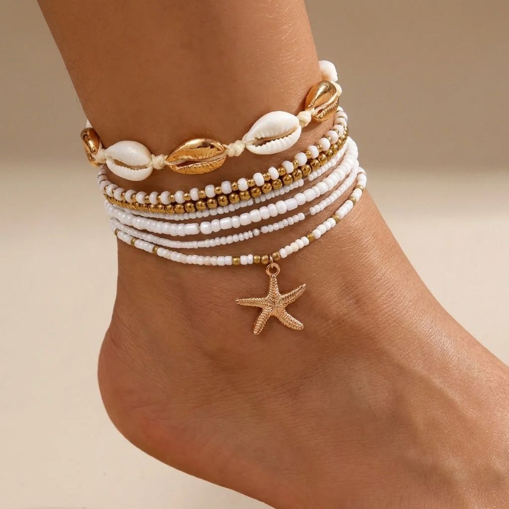 Metal Starfish Pendant Anklets Set For Women Men Trendy Sea Star Multilayer Rice Beaded Foot Chain Summer Beach Vacation Jewelry