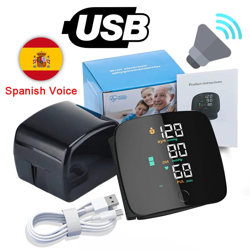 LED Rechargeable Wrist Blood Pressure Monitor English / Russian / Portuguese / Spanish Voice Broadcast Tonometer BP Monitor