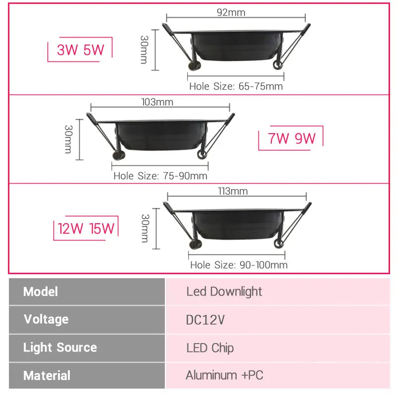 Projecteur LED encastrable 12 V étanche IP65 7 W 9 W 12 W 15 W 3 W 5 W plafonnier noir pour salle de bain Éclairage extérieur et intérieur