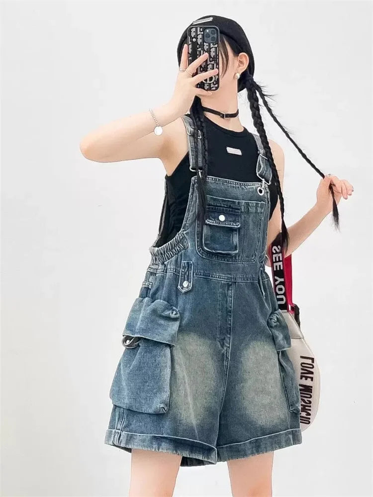Salopette en Jean Américaine Femme Mode Jambes Larges Combinaison Slim Loose Design Style Jeune Barboteuse Courte