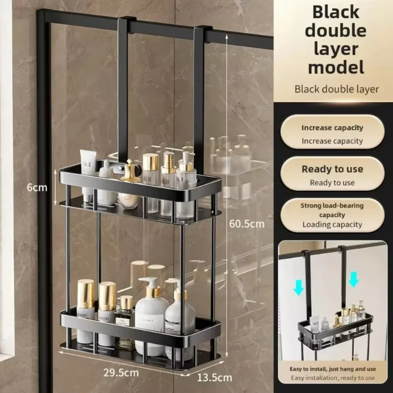 1Pc 2-Tier Hanging Shower Caddy Over Door Bathroom Organizer No Drill Rustproof Storage Shelf for Glass Door Toiletries Holder