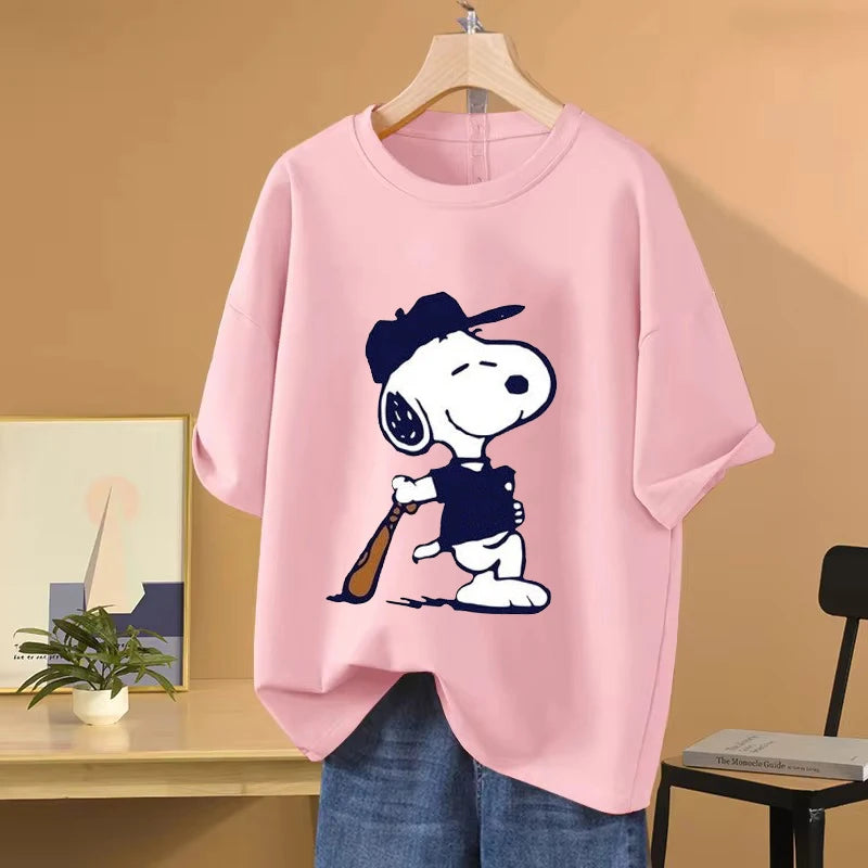 Snoopy Baseball Cartoon Anime Women T-shirt Summer Short Sleeve 100% Cotton Men Tee Shirts Tops 2025 New Fashion Couple Clothes