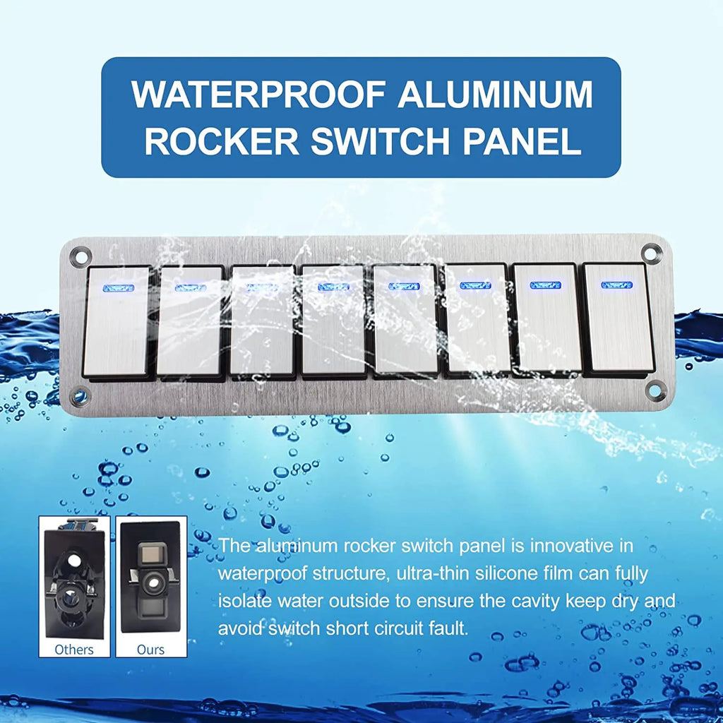 Durable metal 2-8Gang rocker switch panel with LED light, waterproof and overload protection for car card, vehicle and vessel