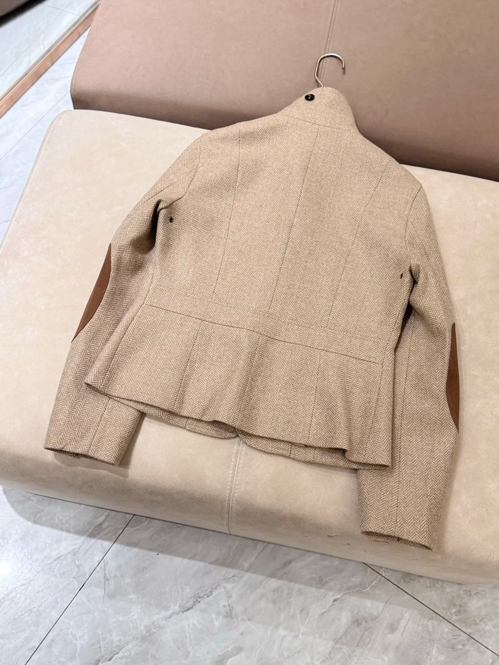 Elegant khaki spliced brown long sleeved lapel single breasted jacket autumn new clothing silk wool blend women's jacket