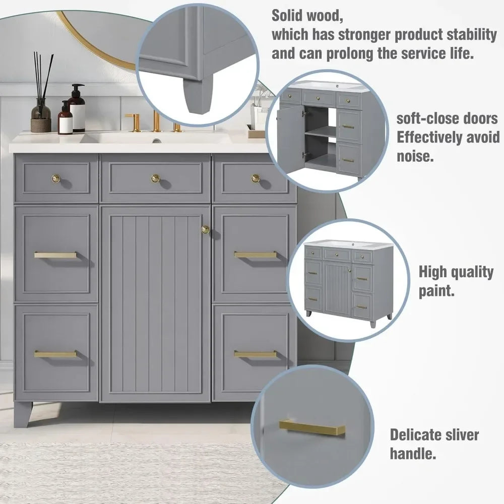 36" Bathroom Vanity with Sink Top, Solid Wood Bathroom Cabinet with Undermoun