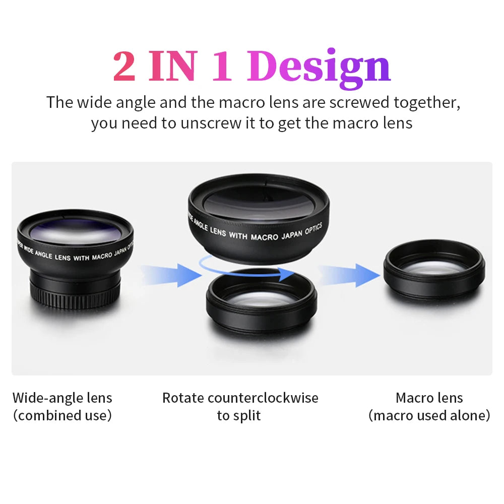 Universal Clip 2-in-1 Lens 37mm Professional 0.45X Super Wide-Angle & Macro HD for iPhone & Android Mobile Phones