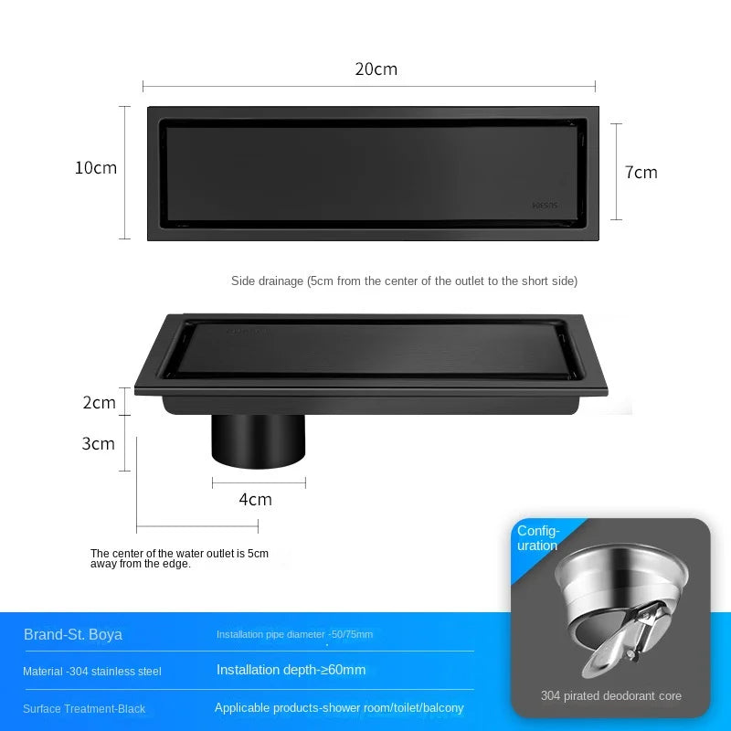 Caniveau de douche invisible en acier inoxydable 304 doré brossé noir pour lavabo de salle de bain, long drain linéaire de sol, évacuation latérale