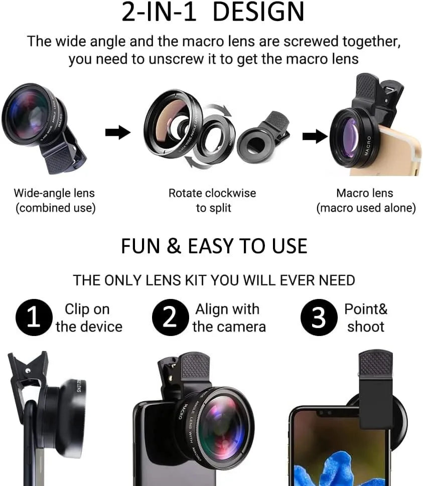 Universal Clip 2-in-1 Lens 37mm Professional 0.45X Super Wide-Angle & Macro HD for iPhone & Android Mobile Phones