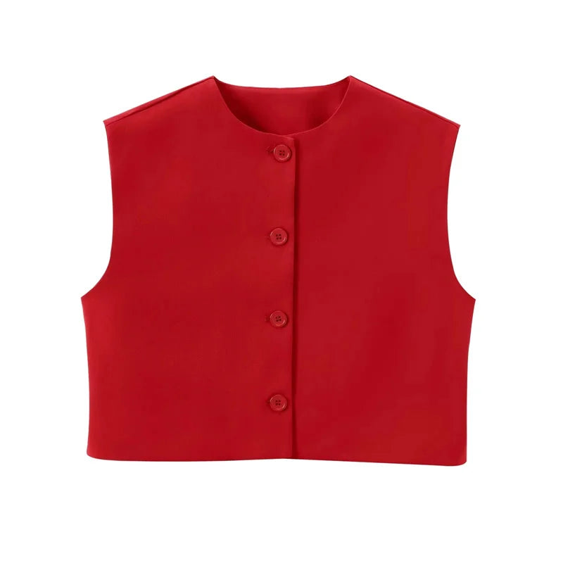 FEMME Gilet sans manches rouge Femme Bouton Noir Blanc Gilet court Femme Été Décontracté Manteaux courts Gilet Gilet Femme Mode
