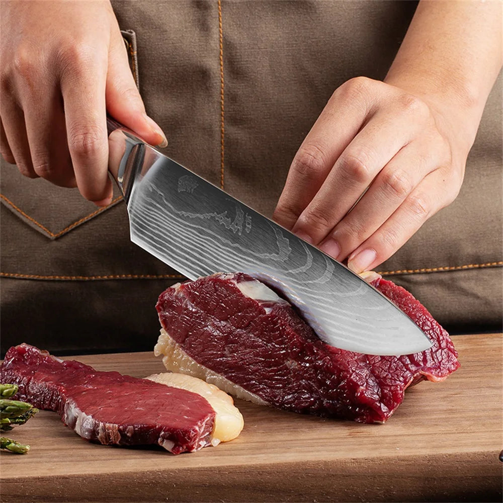 Ensemble de 4 Couteaux de Cuisine Motif Damas Acier Inoxydable 4Cr13 Manche en Pakkawood Couteaux d'Office, Universel, Santoku
