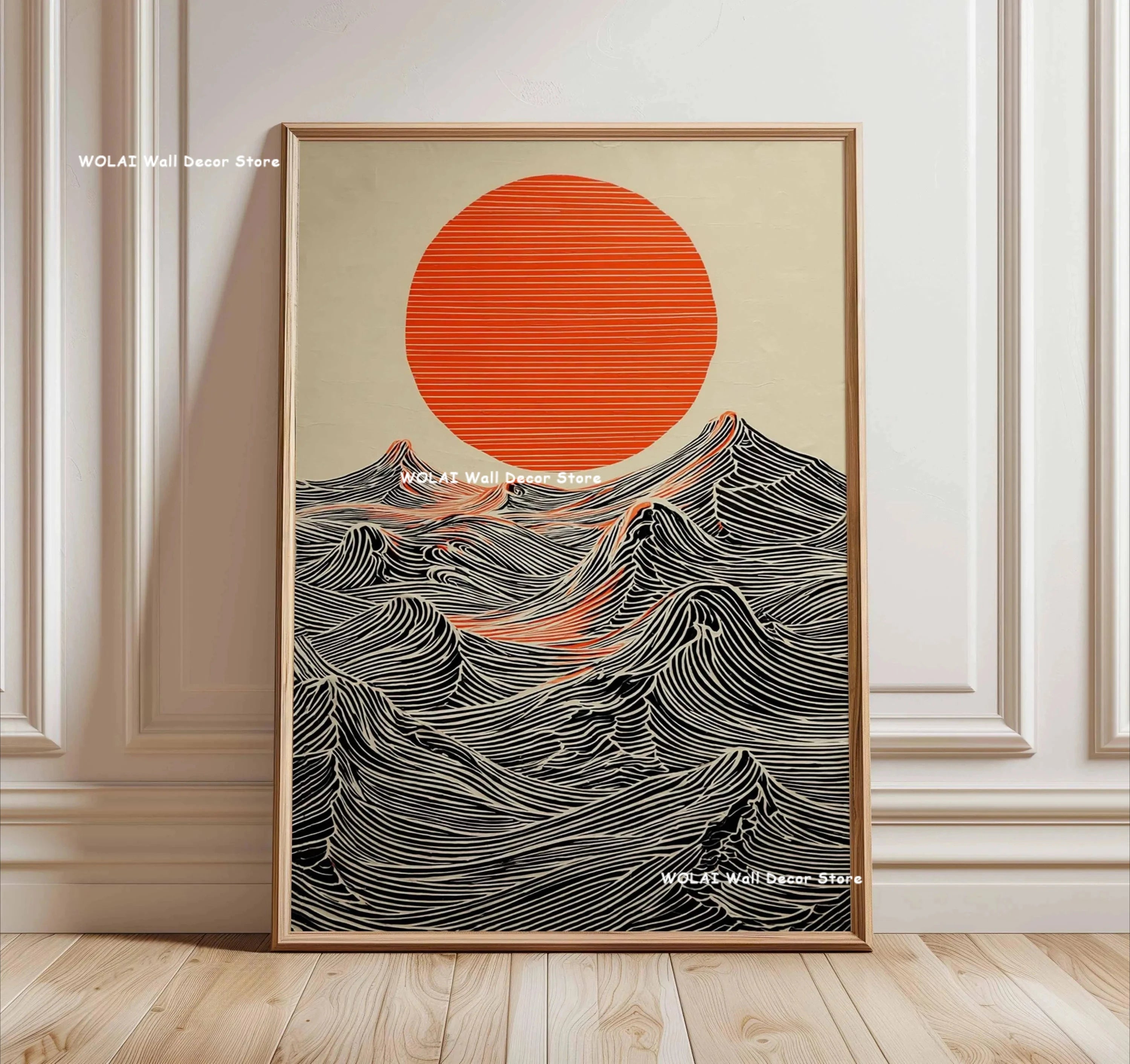 Retro Japanese Forest & Koi Fish Zen Water Painting Canvas Poster Abstract Sun Waves Wall Art Printing for Peaceful Home Decor