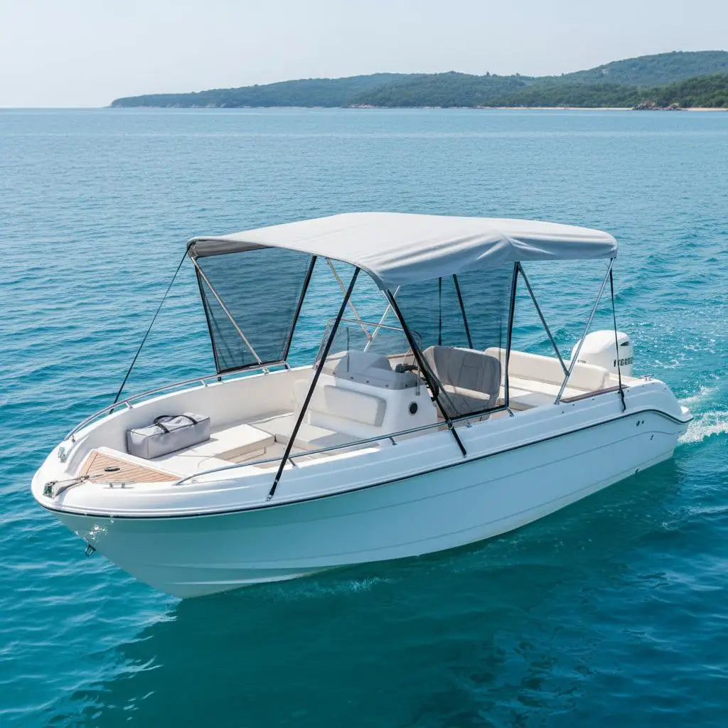 Bimini for 4-Beam Boat, Sun Tarp 243X137X231-244 Cm, Aluminum Frame 600D Polyester Canvas, Side Walls in