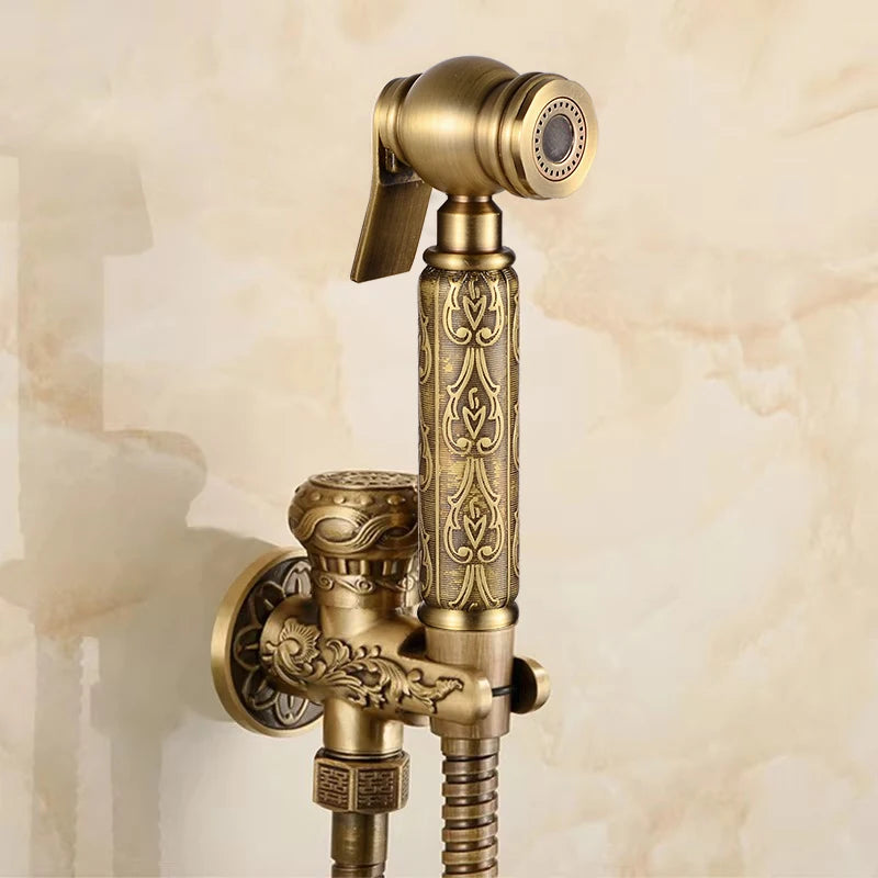 Hand Held Bidet Sprayer Douche Toilet Kit Antique Brass Shattaf Shower Head Gold Copper Valve Set Jet Toilet Bidet Faucet Set