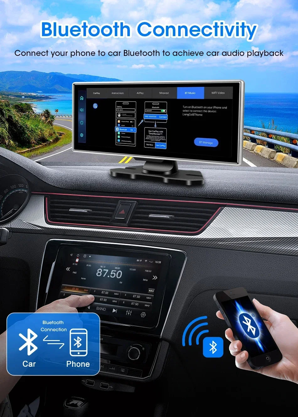 Srnubi 11.26" Dash Cam Rearview Carplay Android Auto 4K DVR Navigation Player Dual Lens Recorder Dashboard WIFI BT AUX GPS FM