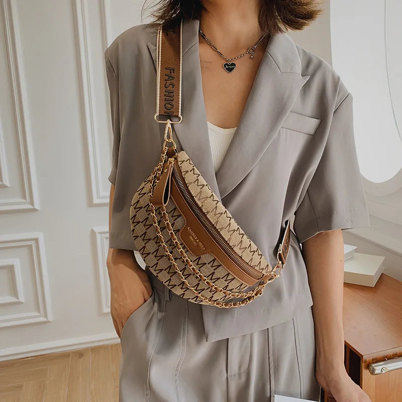 Sac banane en tissu écossais imprimé pour femme, sac de taille à chaîne tendance, sac banane pour femme, sac à bandoulière à large sangle pour femme