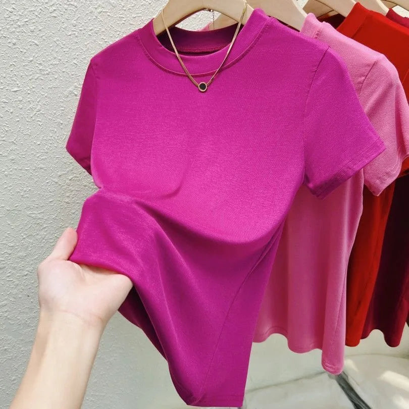 T-Shirt Femme Col Rond Chic Décontracté Urbain Grande Taille Haut Uni Sexy Slim Été Manches Courtes Vêtements Femme