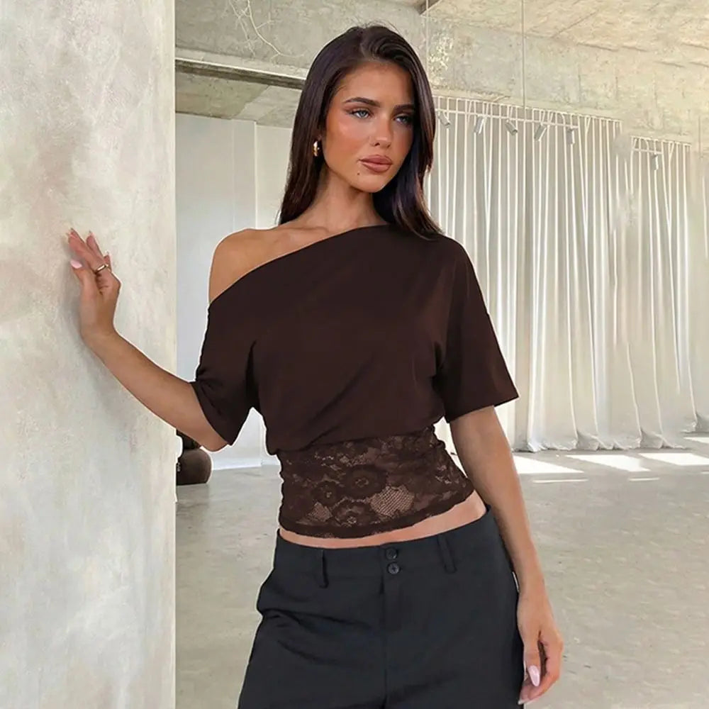 Off-Shoulder Lace Patchwork Top Waist-Defining Lace-Trimmed See Through Top See Through Fabric Sleeveless Women Tops