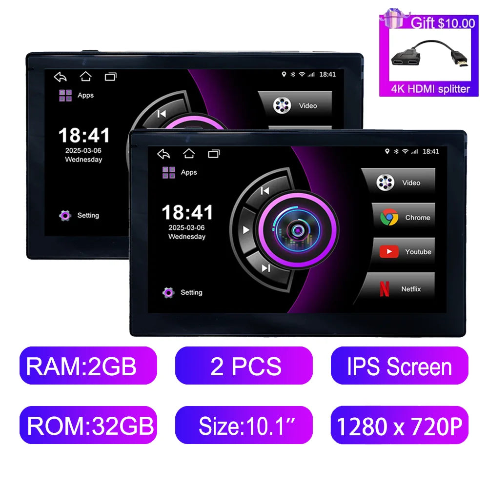 10.1 Inch HD 1280*720 Android Car Headrest Monitor Back Seat Multimedia Player Apple Carplay Ambient Lights BT SD Android Auto