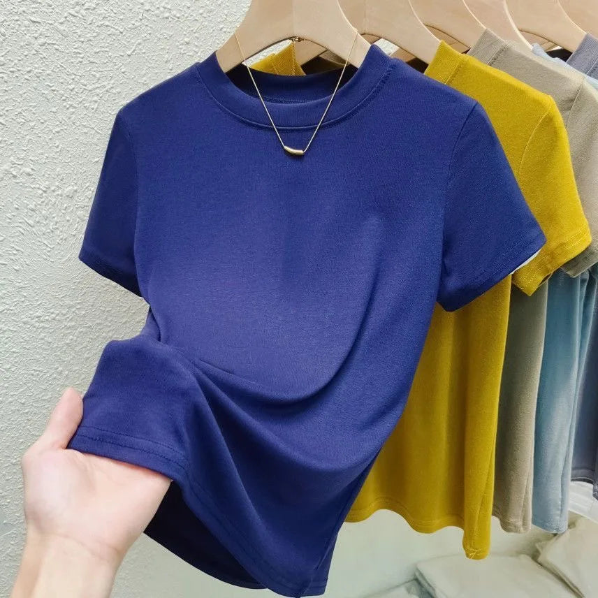 T-Shirt Femme Col Rond Chic Décontracté Urbain Grande Taille Haut Uni Sexy Slim Été Manches Courtes Vêtements Femme
