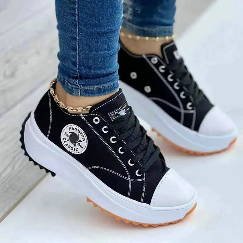 Women’s Pattern Canvas Sneakers Simple Fashionable Casual Lace-Up Shoes thick bottom outdoor activity High Quality lady footwear