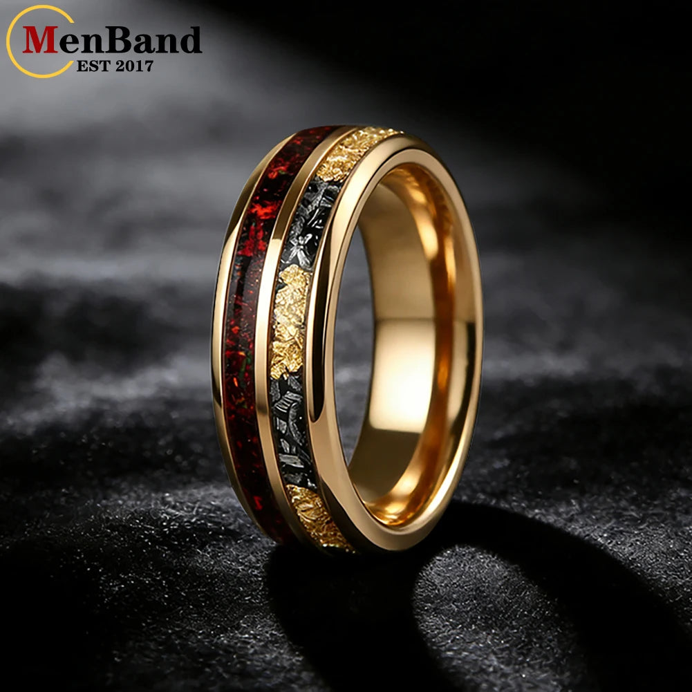 MenBand 6MM 8MM Men and Women Marriage Tungsten Ring Inlaid Red Opal and Meteorite Gold Foil，Couple's Ring, Promise Ring
