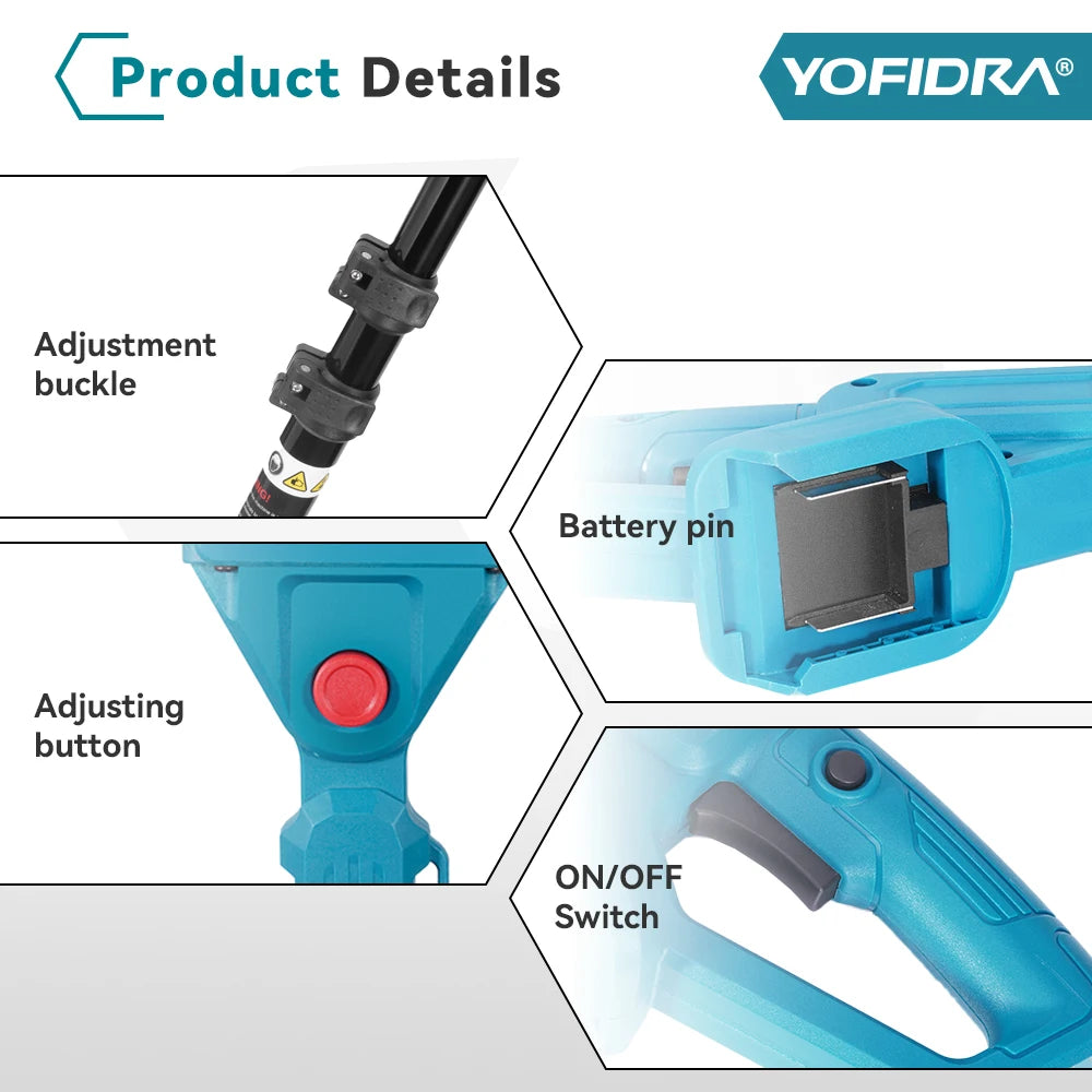 YOFIDRA Brushless Electric Chainsaw Telescoping Pole 3IN1 High Branch Saw Woodworking Pruning Power Tool For Makita Battery Pin