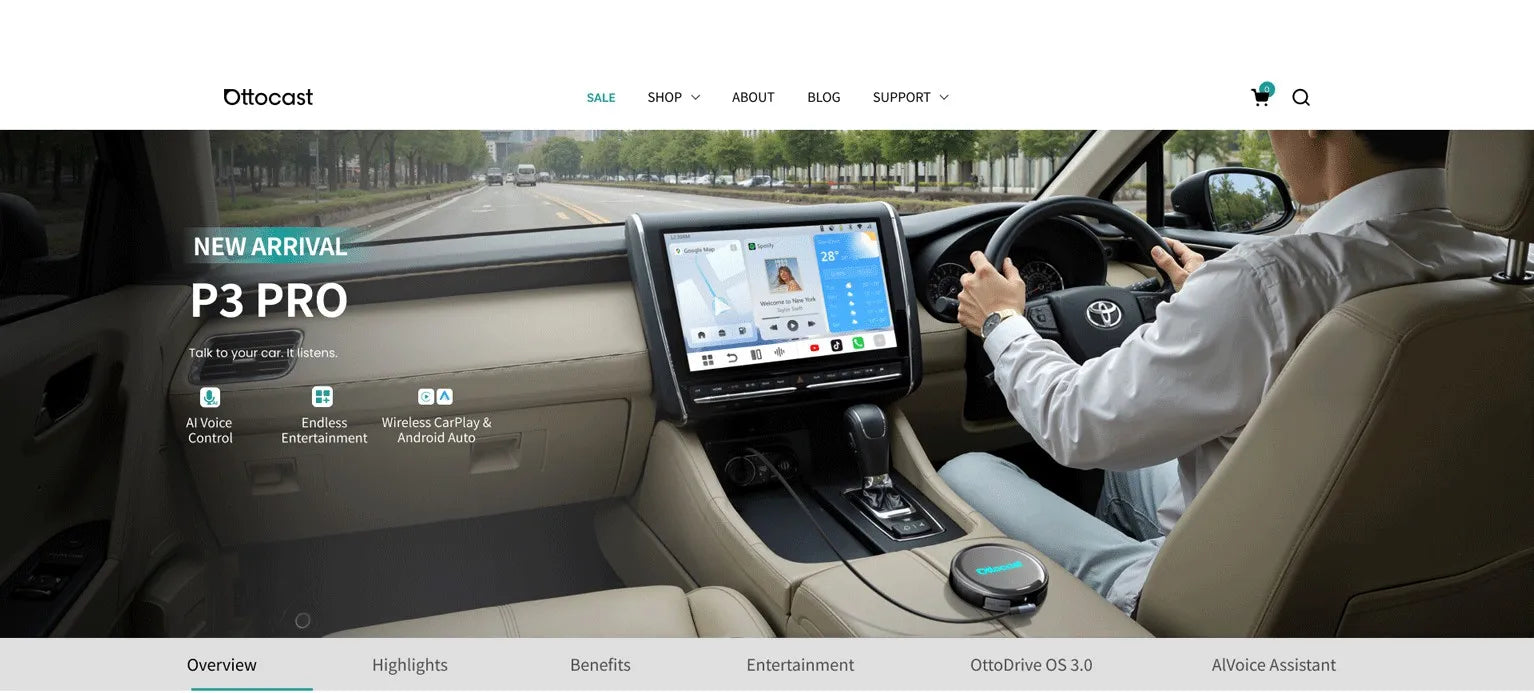 OTTOCAST P3 Pro Ai Box Wireless Carplay Android Auto Aadapter Ai Voice QCM 6225 Video Box for Benz Audi Kia Hyundai VW Toyota