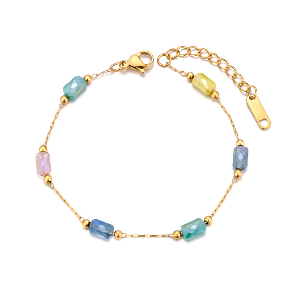 JeeMango Fashion Colorful Cubic Zirconia Stone Charm Bracelet Waterproof Stainless Steel Women's Hand Bracelets Jewelry JB24056
