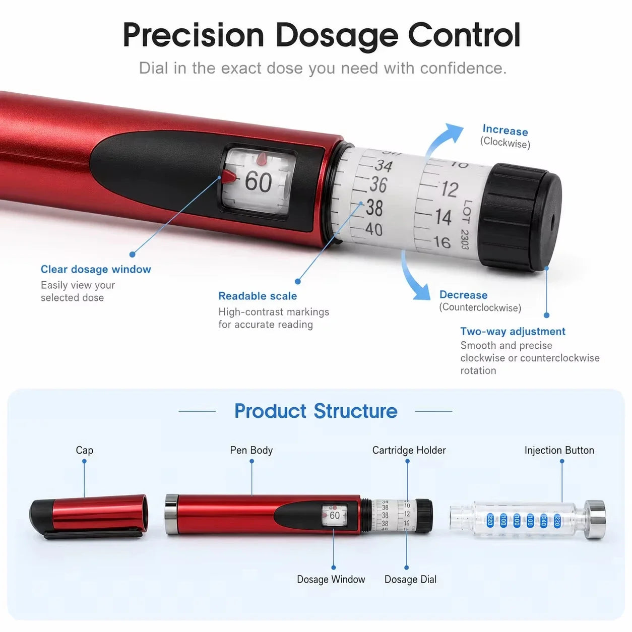 Reusable Pen Injector,Cartridges Set Portable Insulin Injection Pens Peptide Pen Dose Control ,Perfect for 3ml Cartridges