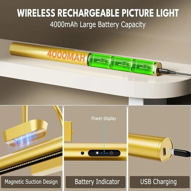 Lampe murale rechargeable à LED 4000mAh, télécommande moderne, 3 couleurs, intensité réglable, dorée, pour miroir de salle de bain, en aluminium, pour éclairer des tableaux