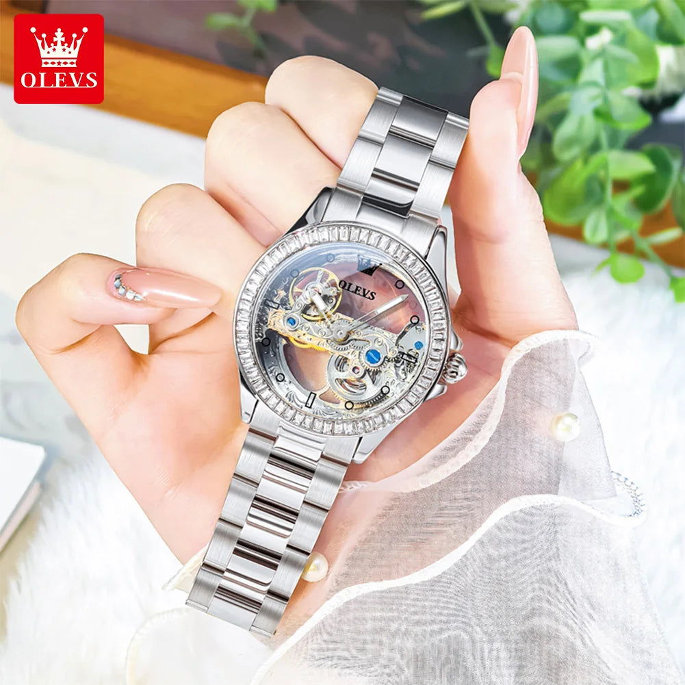 OLEVS Fully Hollowed Watches for Women Automatic Mechanical Women's Watches Luxury Stainless Steel Diamond Inlay Wristwatch 6699