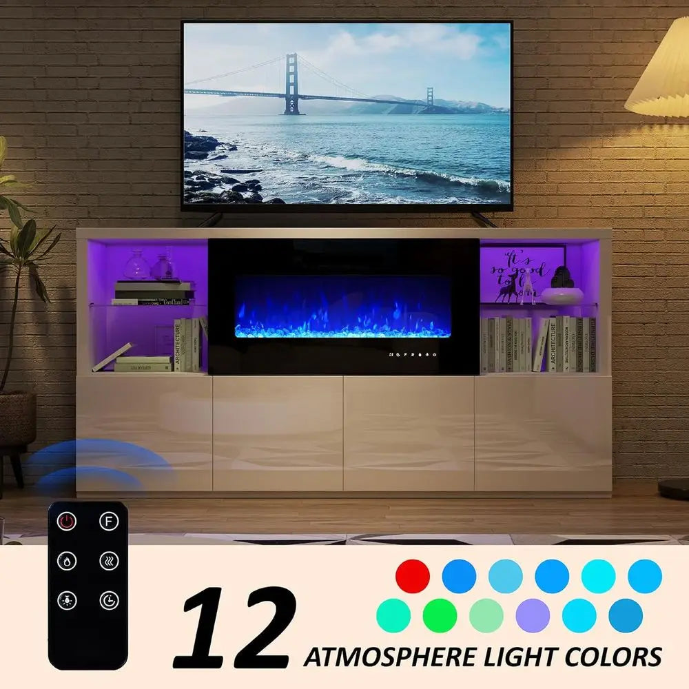 68'' Fireplace TV Stand with 40'' Fireplace, Modern High Gloss Fireplace Entertainment Center with LED Lights for TVs up to 78''