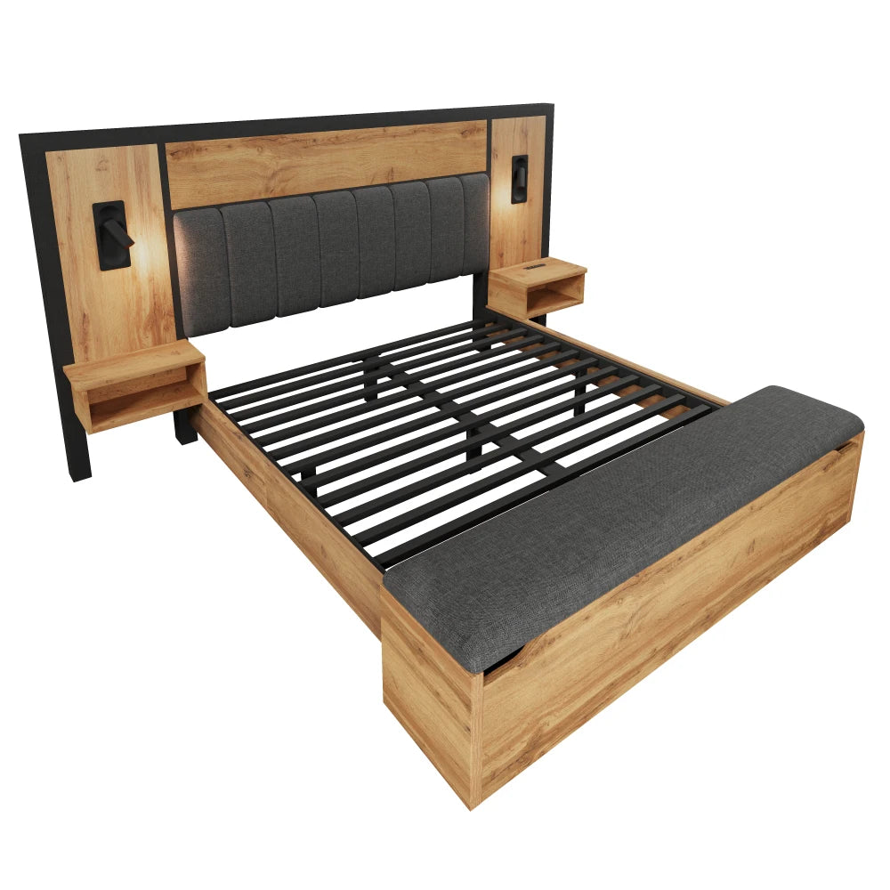 Bed with Upholstered Bed System with Reading Lamp and USB C Night Table and Seating Bench with Storage Space (without Mattress)