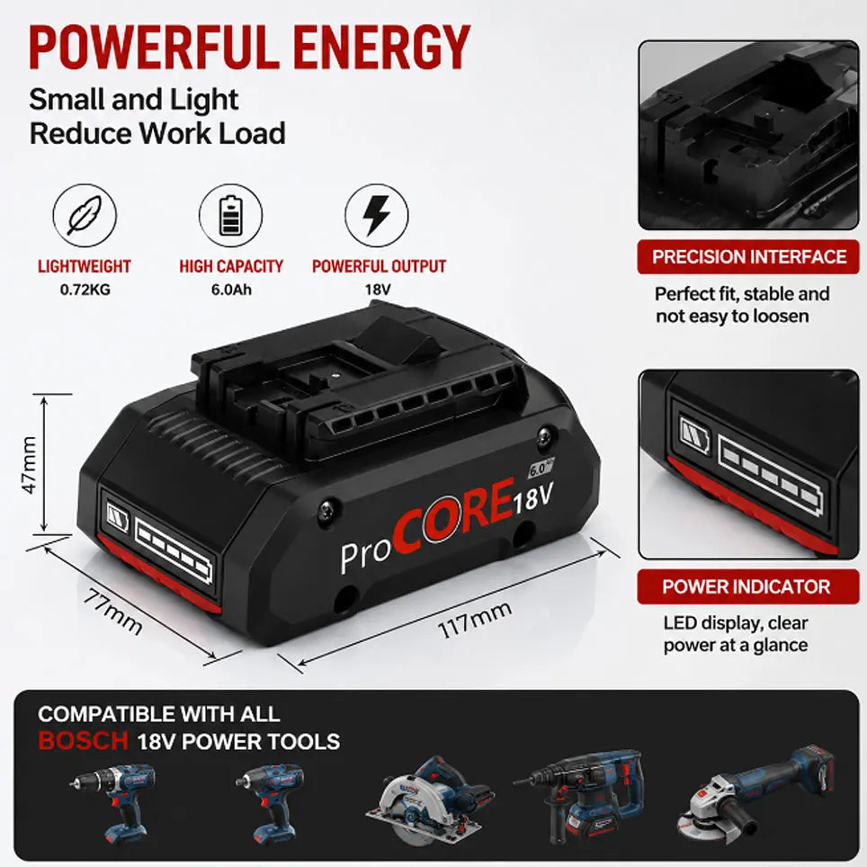 18V ProCORE Li-ion Battery 6.0Ah 21700 Cells Replacement Battery Compatible with BOSCH BAT609 BAT618 Professional Power Tool Batteries, Overcharge Protection BMS Included