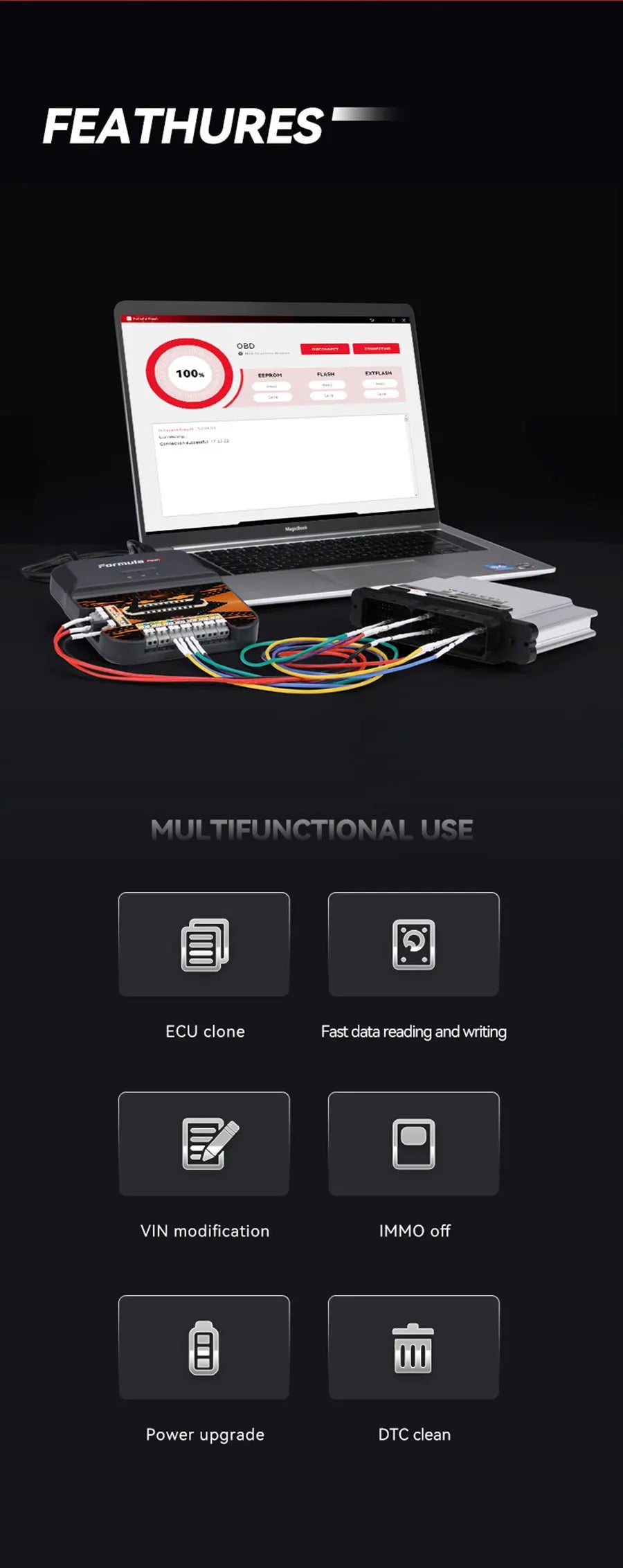 FormulaFLash ECU Programmer ECU Clone, Data Read & Write, VIN Modify, IMMO Off, Power Upgrade, DTC Clean for Bike, Truck, Tracto