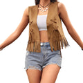 Women Aesthetic Faux Suede Ethnic Sleeveless Jackets Fringe Tassels Hippie Open Front Cardigan Vintage Cowgirl Waistcoat Vests