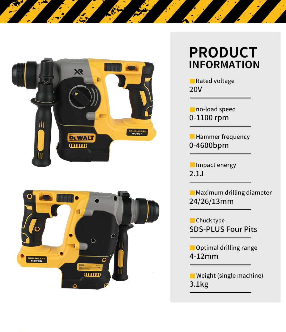 DEWALT DCH273 20V Brushless Rotary Hammer 2.1J Impact Energy 360° Handle 6.0Ah Battery for Concrete Brick Stone Drilling