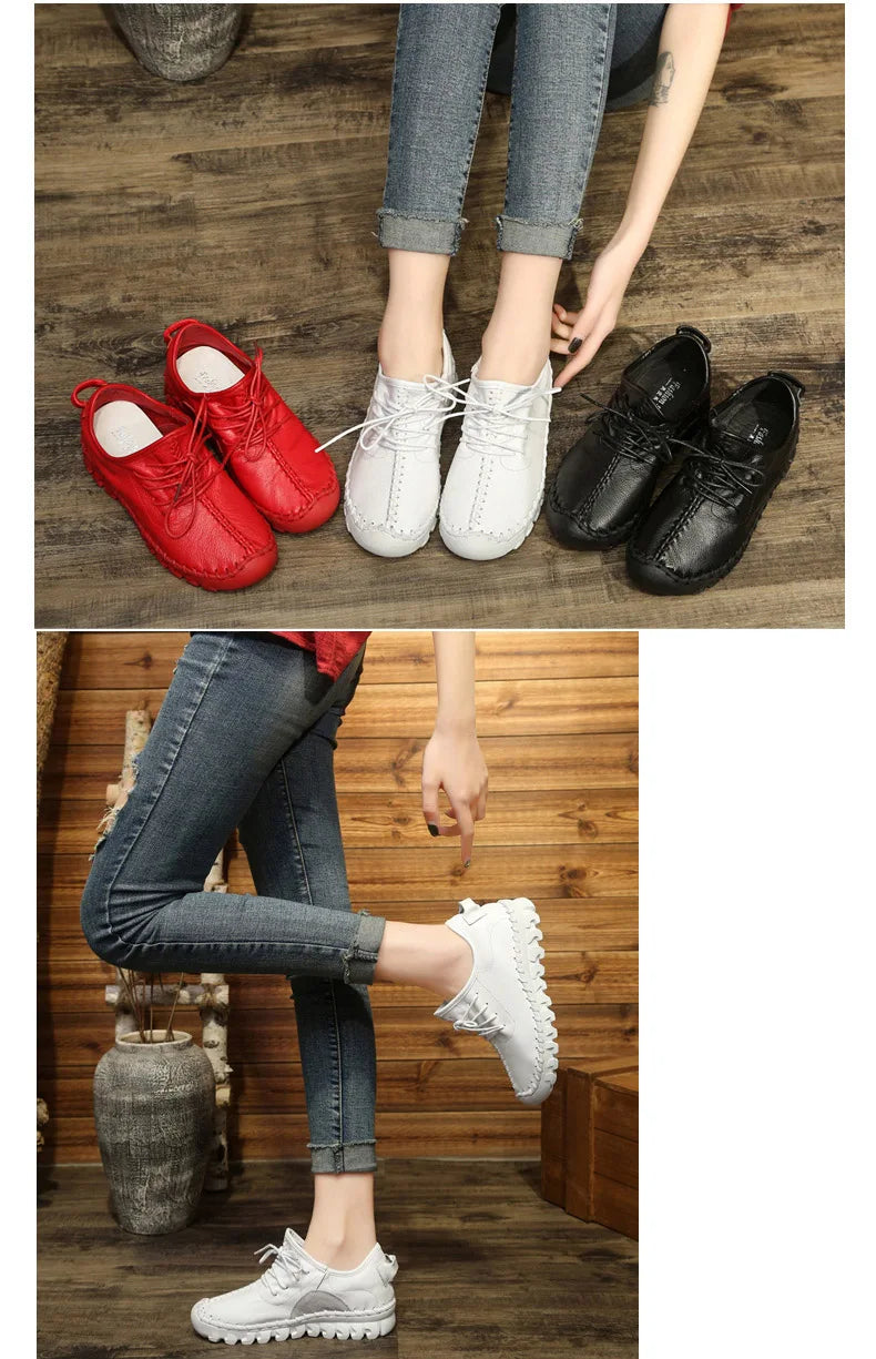 Handmade Genuine Leather Women Shoes Fashion Casual Sneakers Retro Flats Ladies Lacing Loafers Breathable Vulcanized Shoes